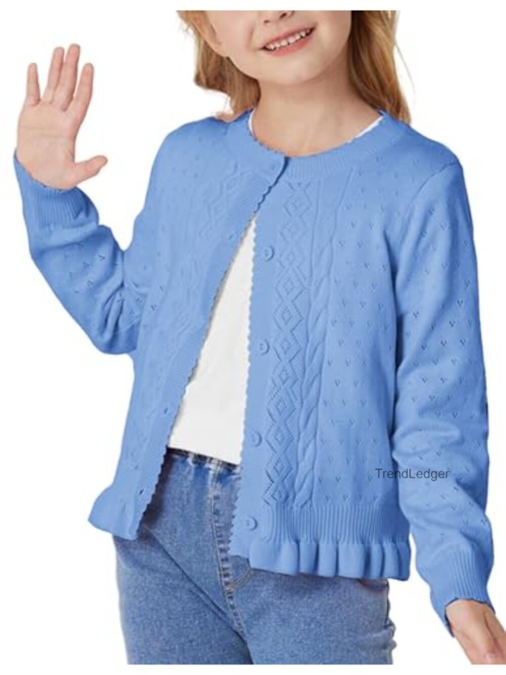 Girls Long Sleeve Cardigan Sweater Button Closure Knitted Cable
